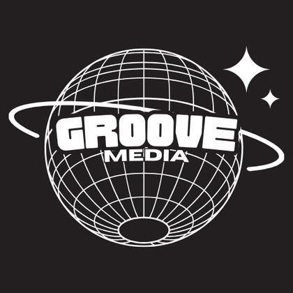 Groove Media logo. White globe gridlines with black background.